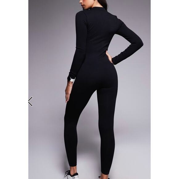 ASOS ribbed catsuit bodysuit 4505 seamless zip front all-in-one in black sz S - Picture 3 of 9